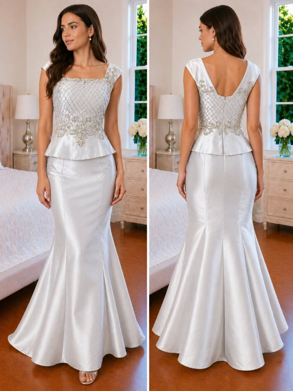 Jovani Silver Taffeta Jeweled Formal Gown $495